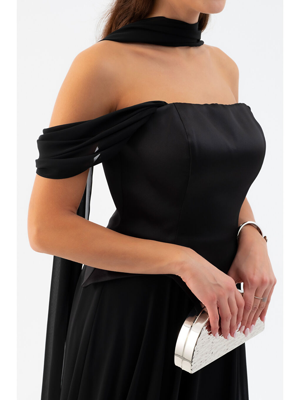 Kadın Siyah Şal Yaka Straplez Söz Nişan Abiye Elbise-3