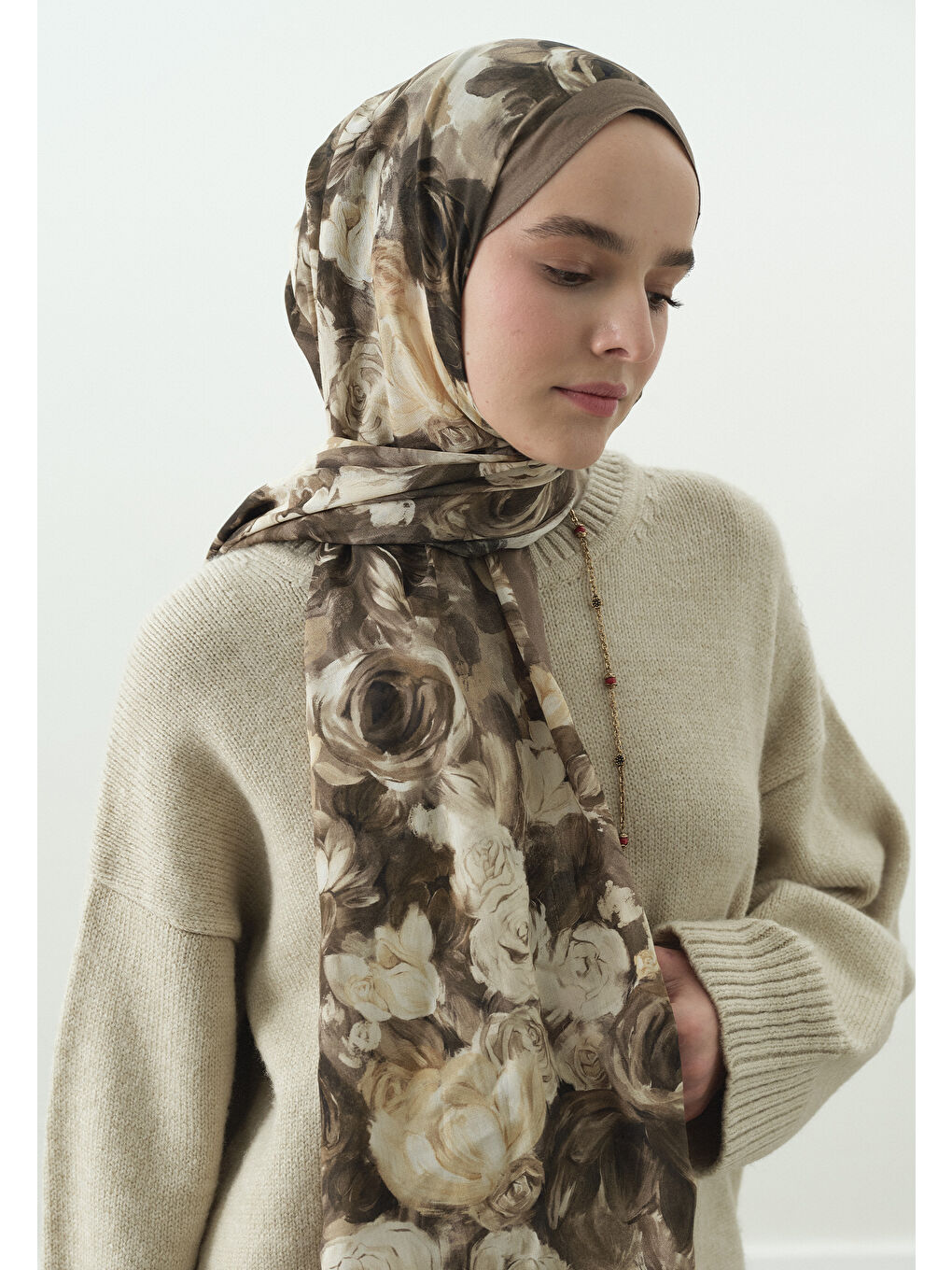 Bej ROSE BREEZE DESENLİ PAMUK VİSKON ŞAL VİZON-3