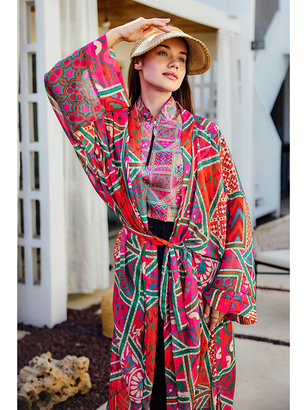 Remsa Tesettür Mayo Üzerine Tek Kaftan Kimono Pareo Pembe RP031 Arzu-1