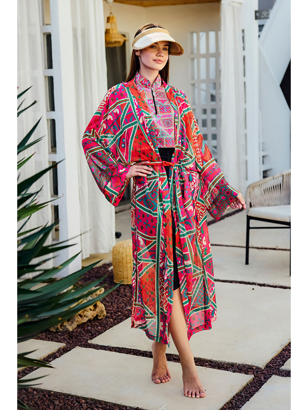 Remsa Tesettür Mayo Üzerine Tek Kaftan Kimono Pareo Pembe RP031 Arzu-2