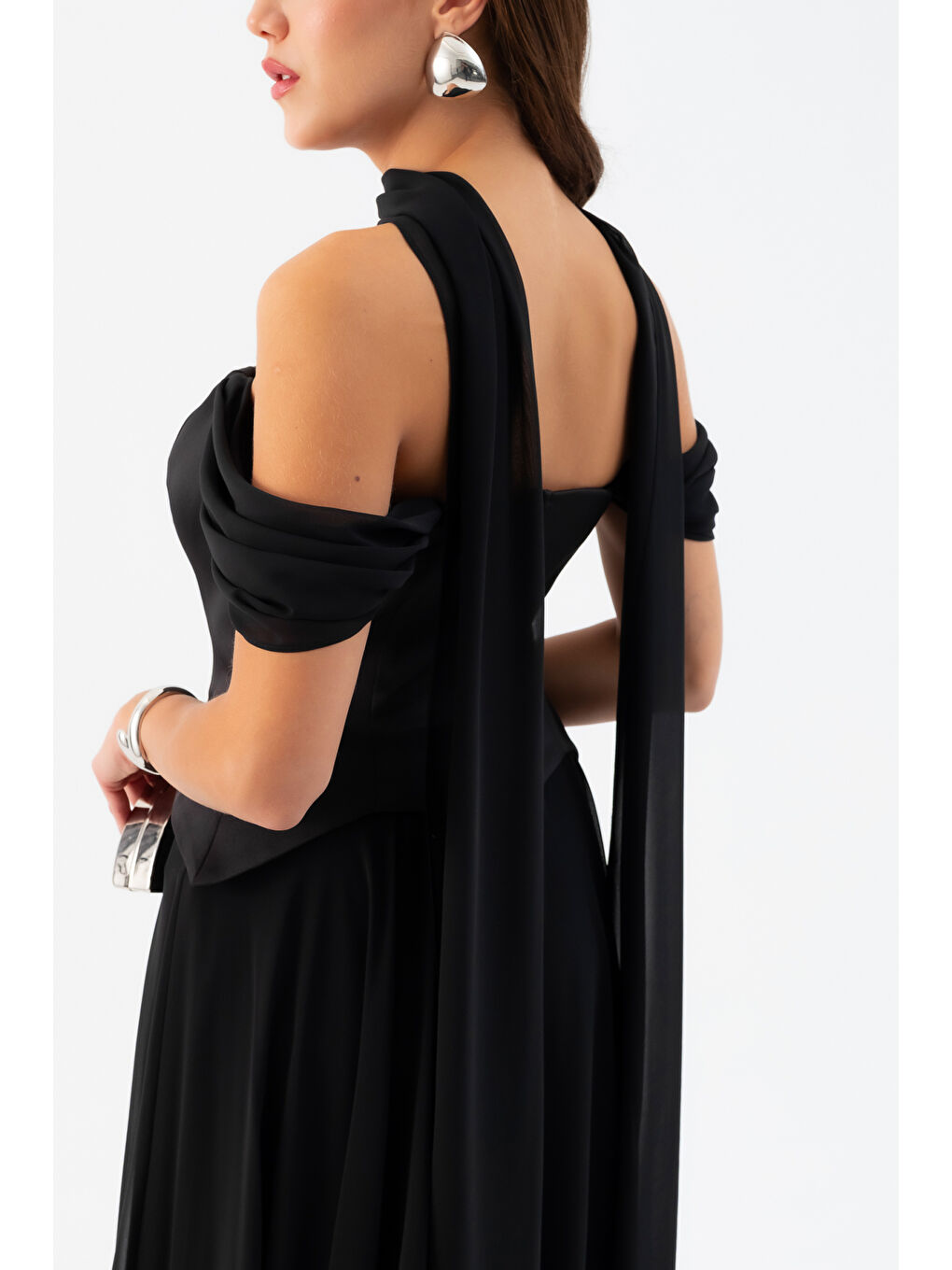 Kadın Siyah Şal Yaka Straplez Söz Nişan Abiye Elbise-4