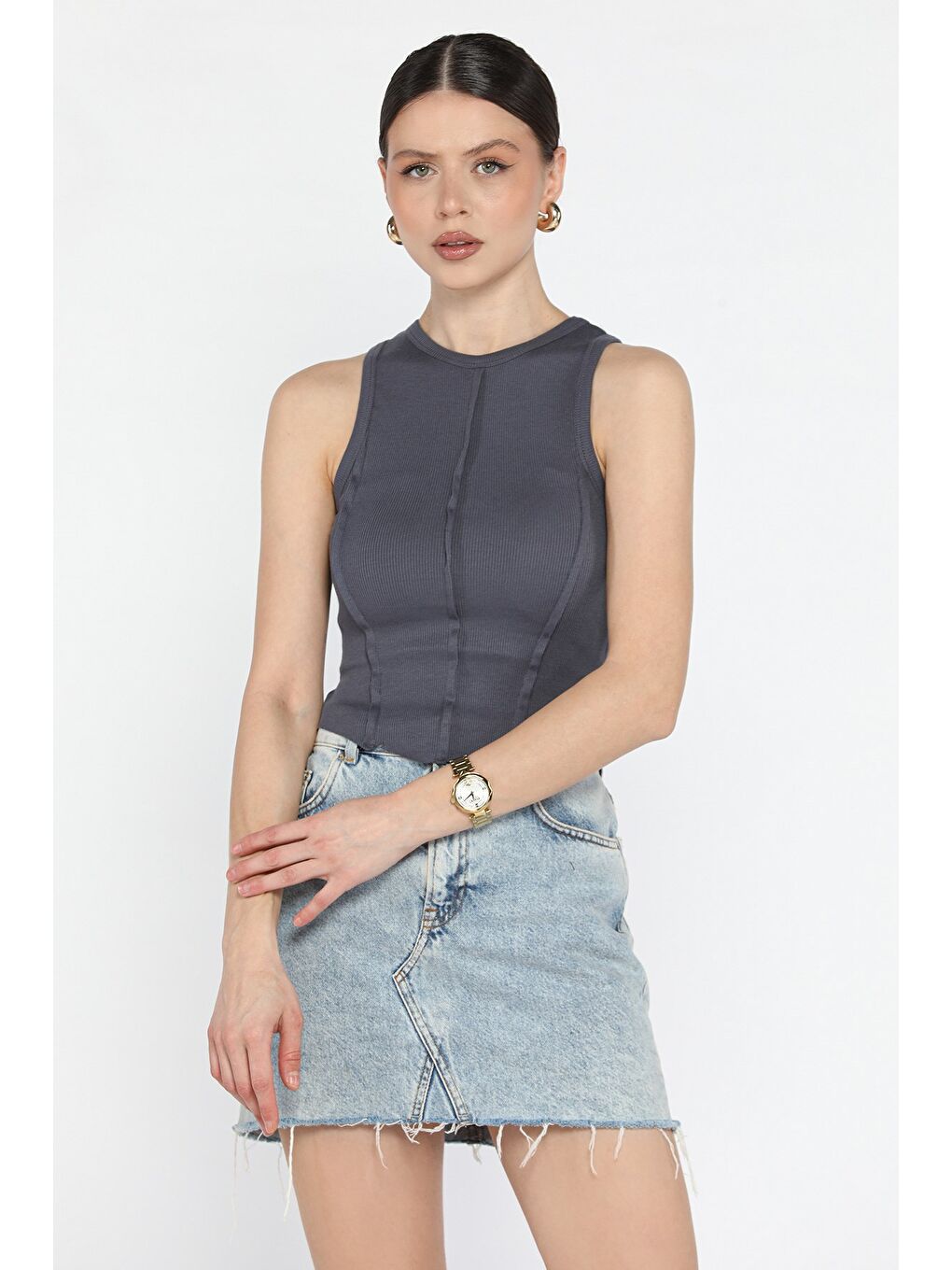 Gri Kadın Bisiklet Yaka Parçalı Elastanlı Bluz-1