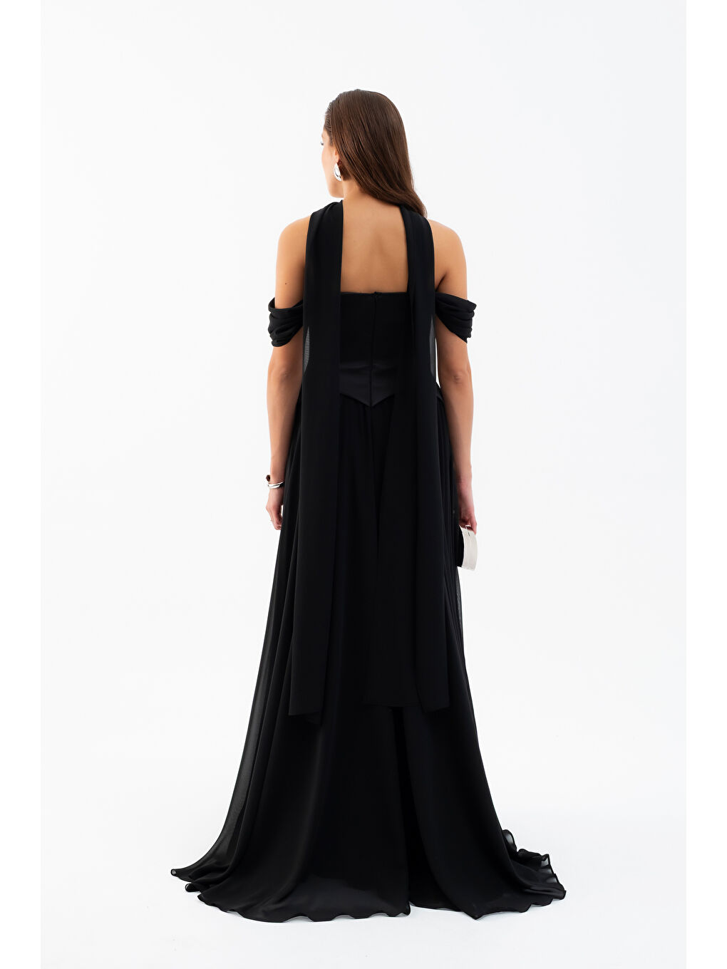 Kadın Siyah Şal Yaka Straplez Söz Nişan Abiye Elbise-5