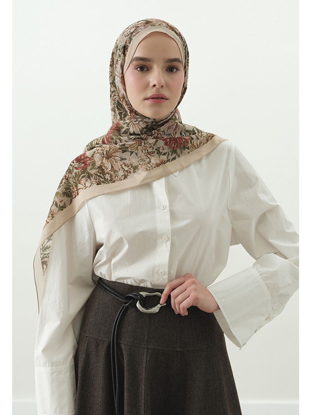 Bej JUDITH DESENLİ PAMUK VİSKON ŞAL BEJ-3