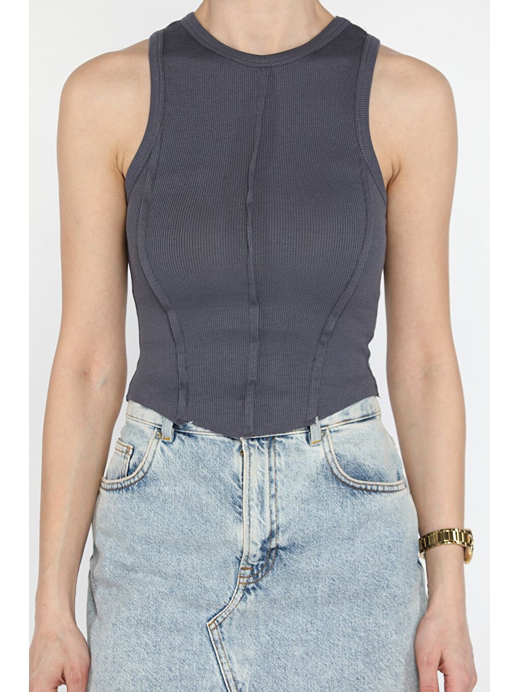 Gri Kadın Bisiklet Yaka Parçalı Elastanlı Bluz-2