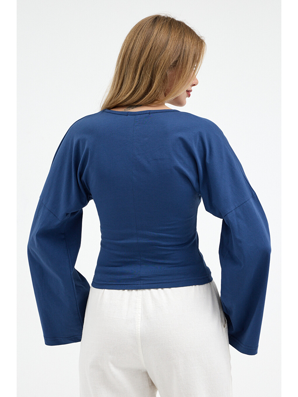 Kadın V Yaka Uzun Kollu Dar Mavi Bluz-5