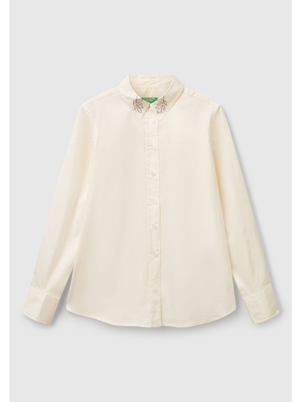 Ekru Kadın Krem Pamuk Karışımlı Yakası İşlemeli Regular Fit Gömlek-1