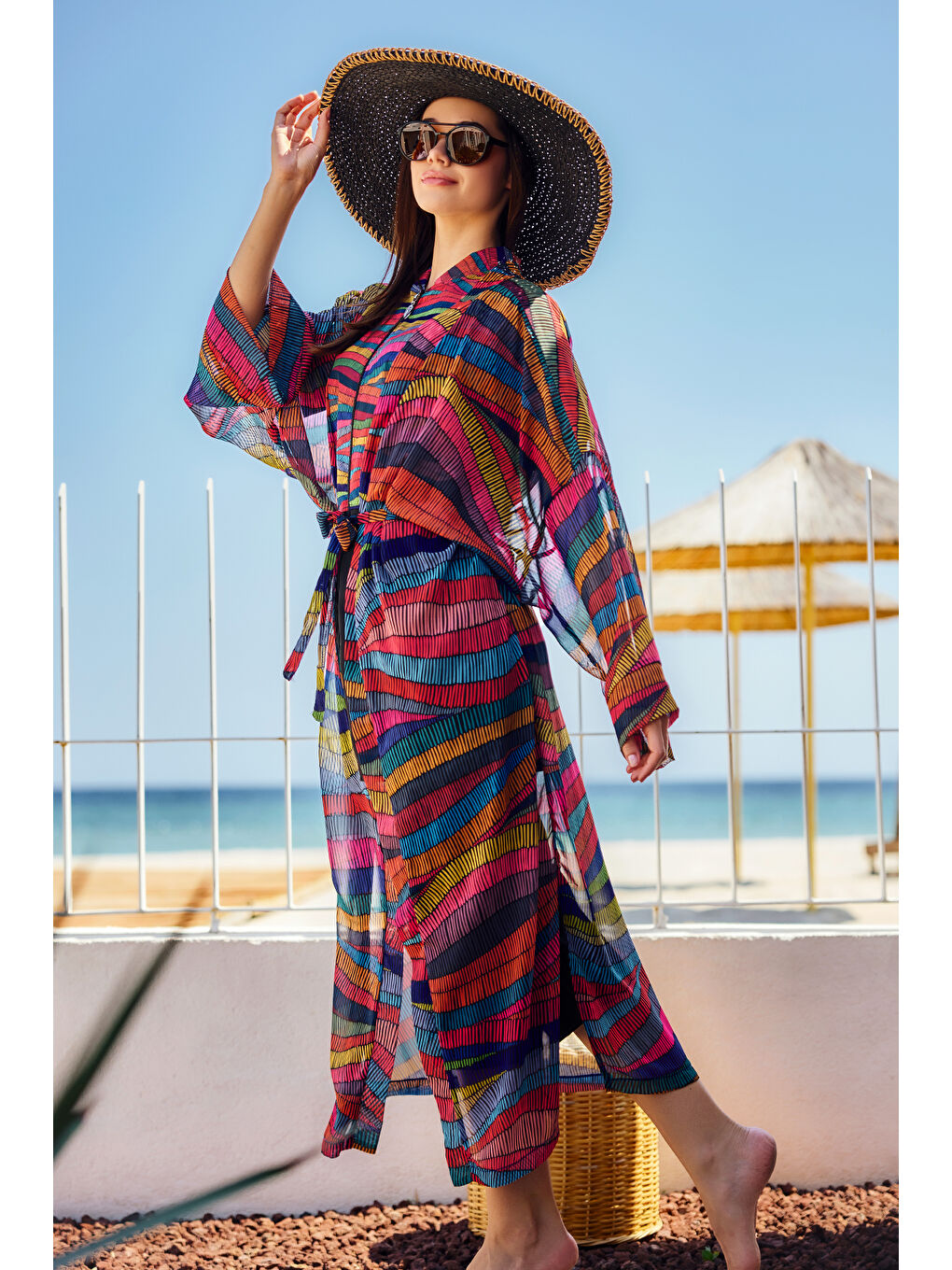 Remsa Tesettür Mayo Üzerine Tek Kaftan Kimono Pareo Siyah03 RP022 Puket