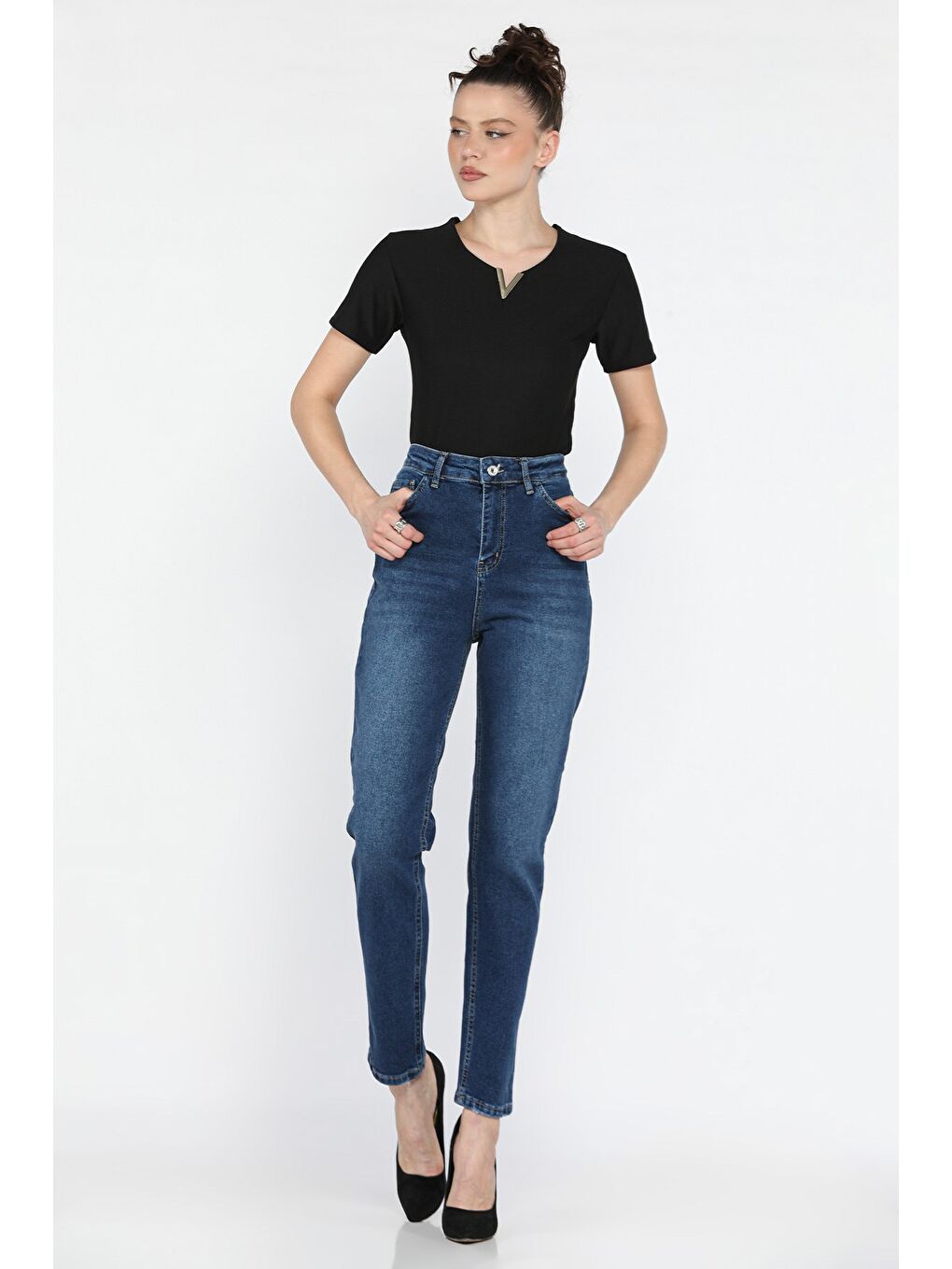 Lacivert Kadın Büyük Beden Elastanlı Mom Jean Pantolon