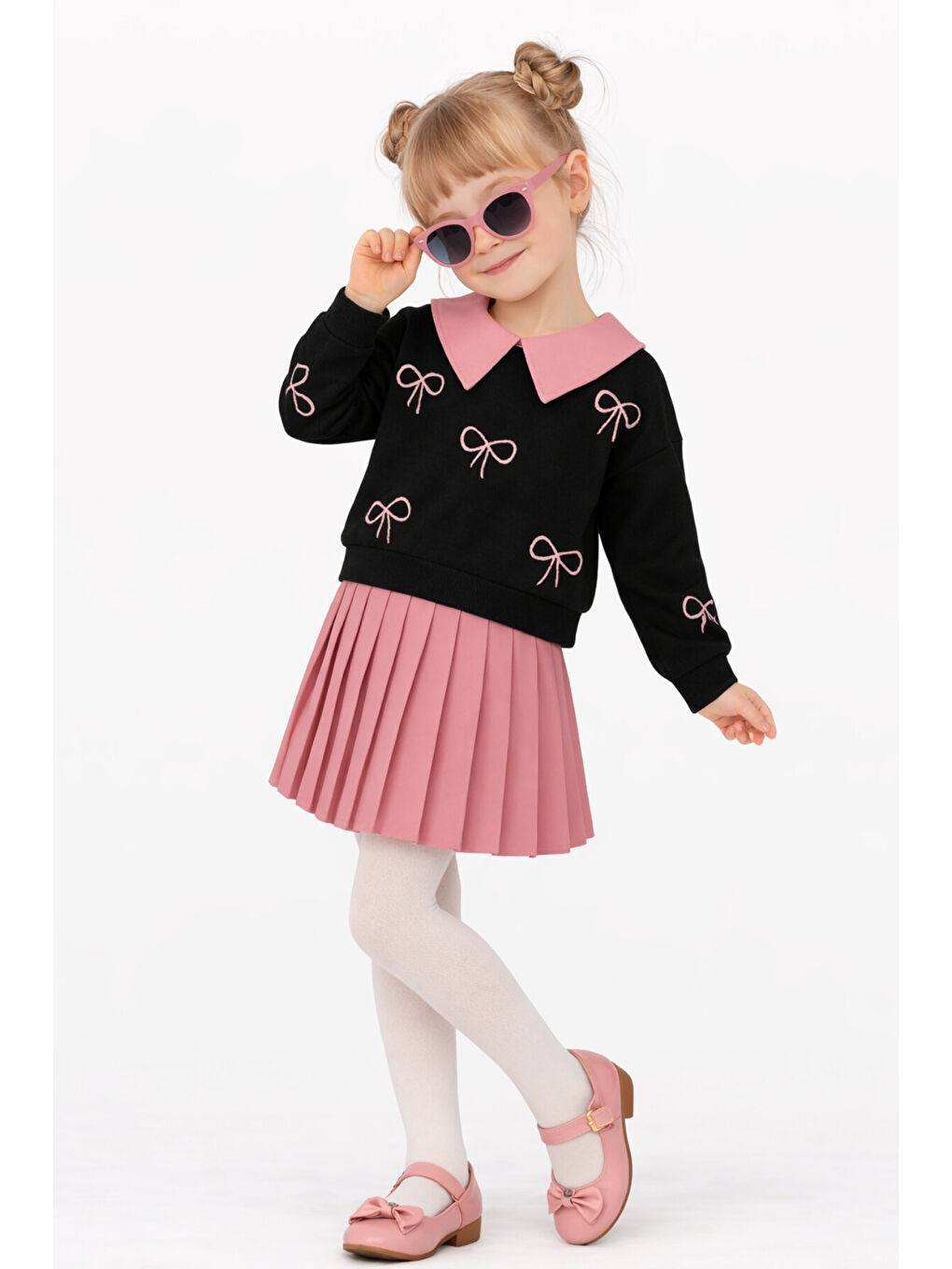 Pembe Kız Çocuk Yakalı Fiyonklu Sweatshirt Piliseli Etek 2’li Takım Ak14513-1