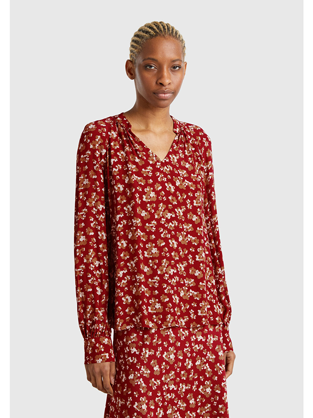 Kadın Bordo %100 Viskoz V Yaka Raglan Kol Bluz-4