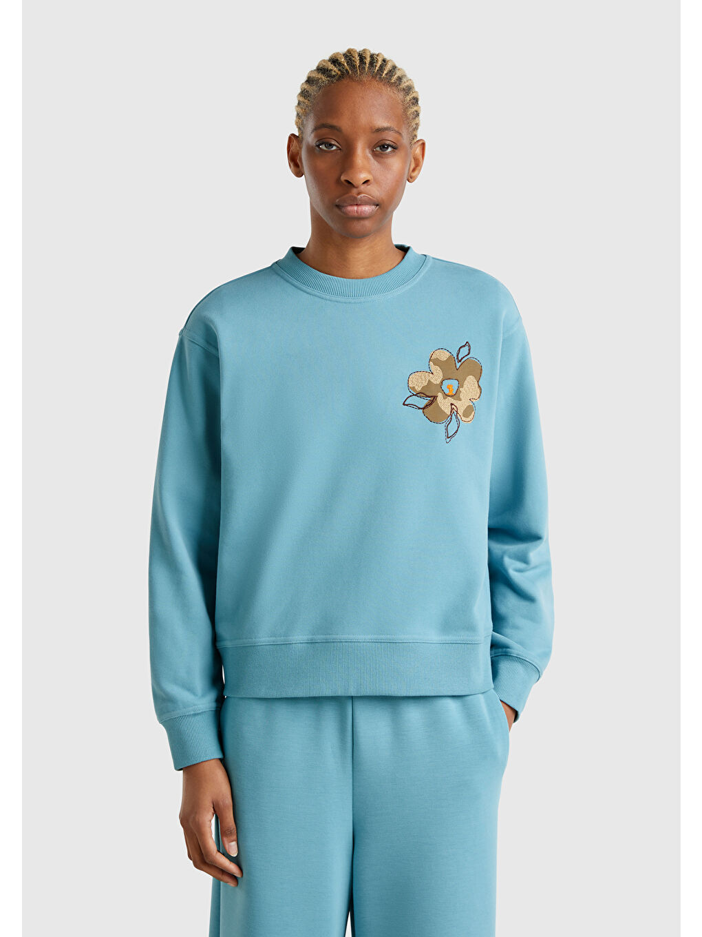 Kadın Mavi Pamuk Karışımlı Çiçek Desenli Sweatsihrt