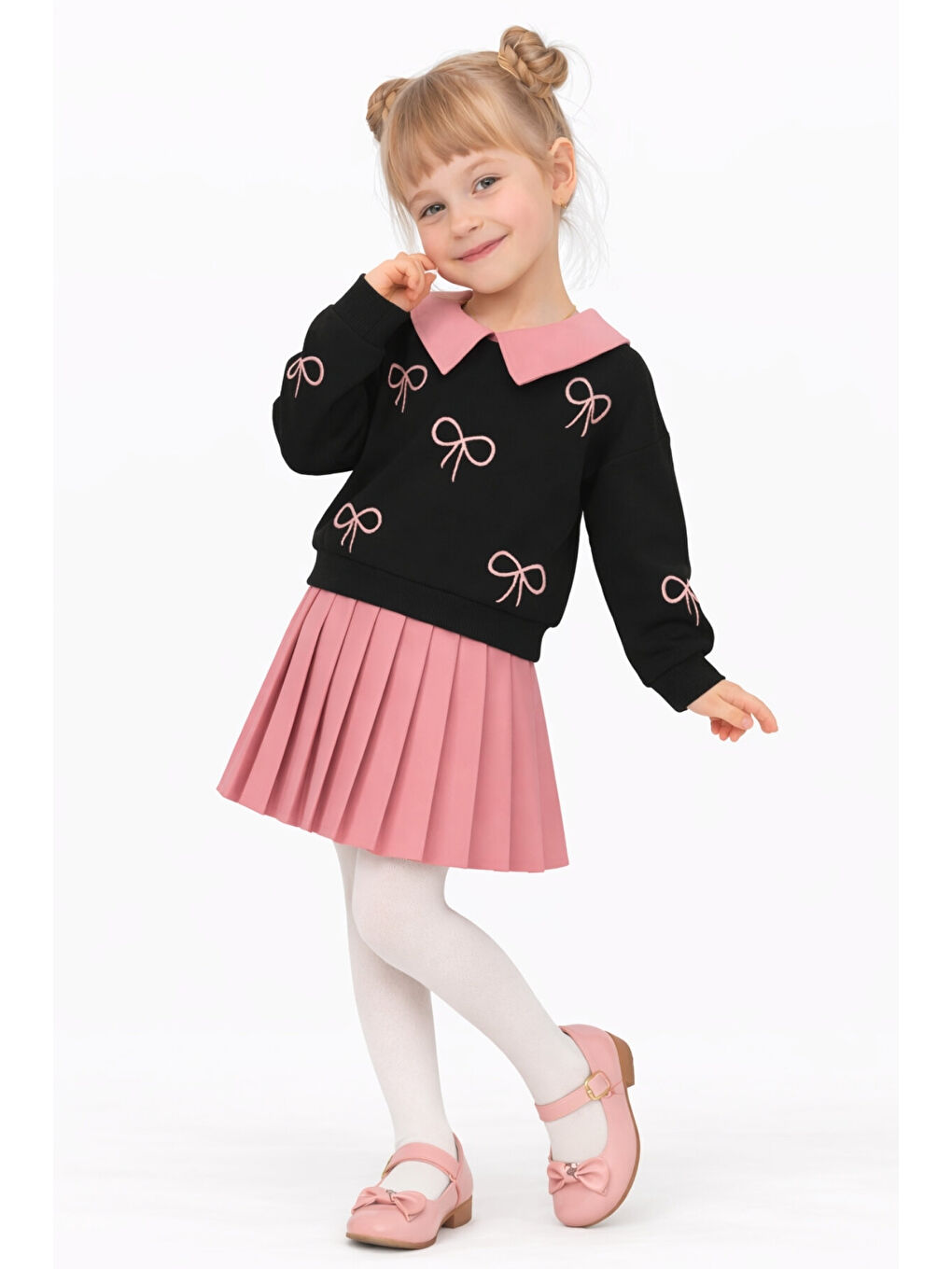 Pembe Kız Çocuk Yakalı Fiyonklu Sweatshirt Piliseli Etek 2’li Takım Ak14513-2