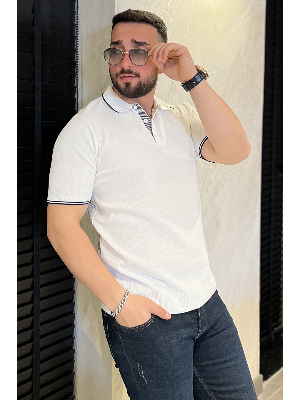 Beyaz Erkek Polo Yaka Yarım Düğmeli Triko Tişört