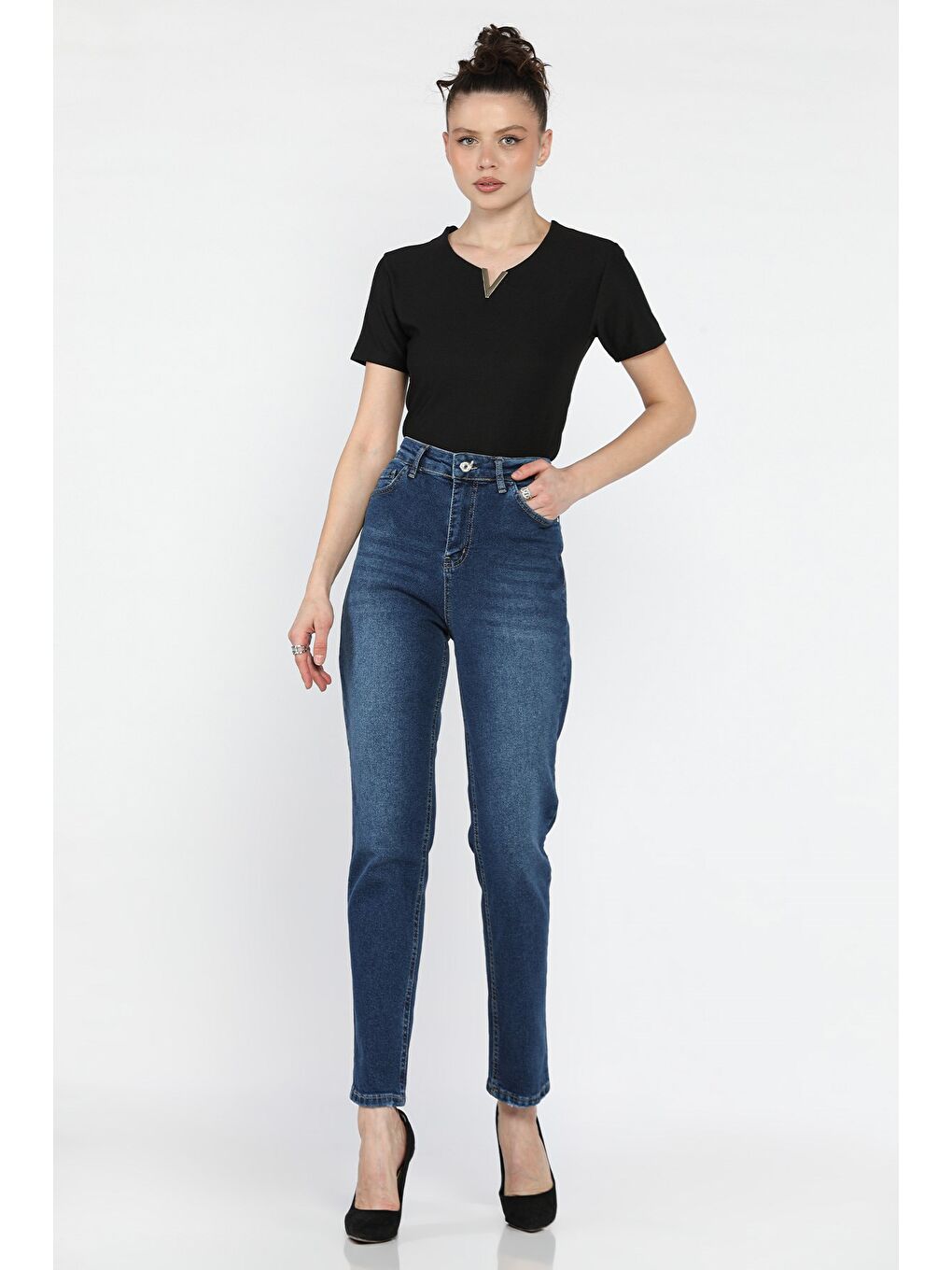 Lacivert Kadın Büyük Beden Elastanlı Mom Jean Pantolon-1