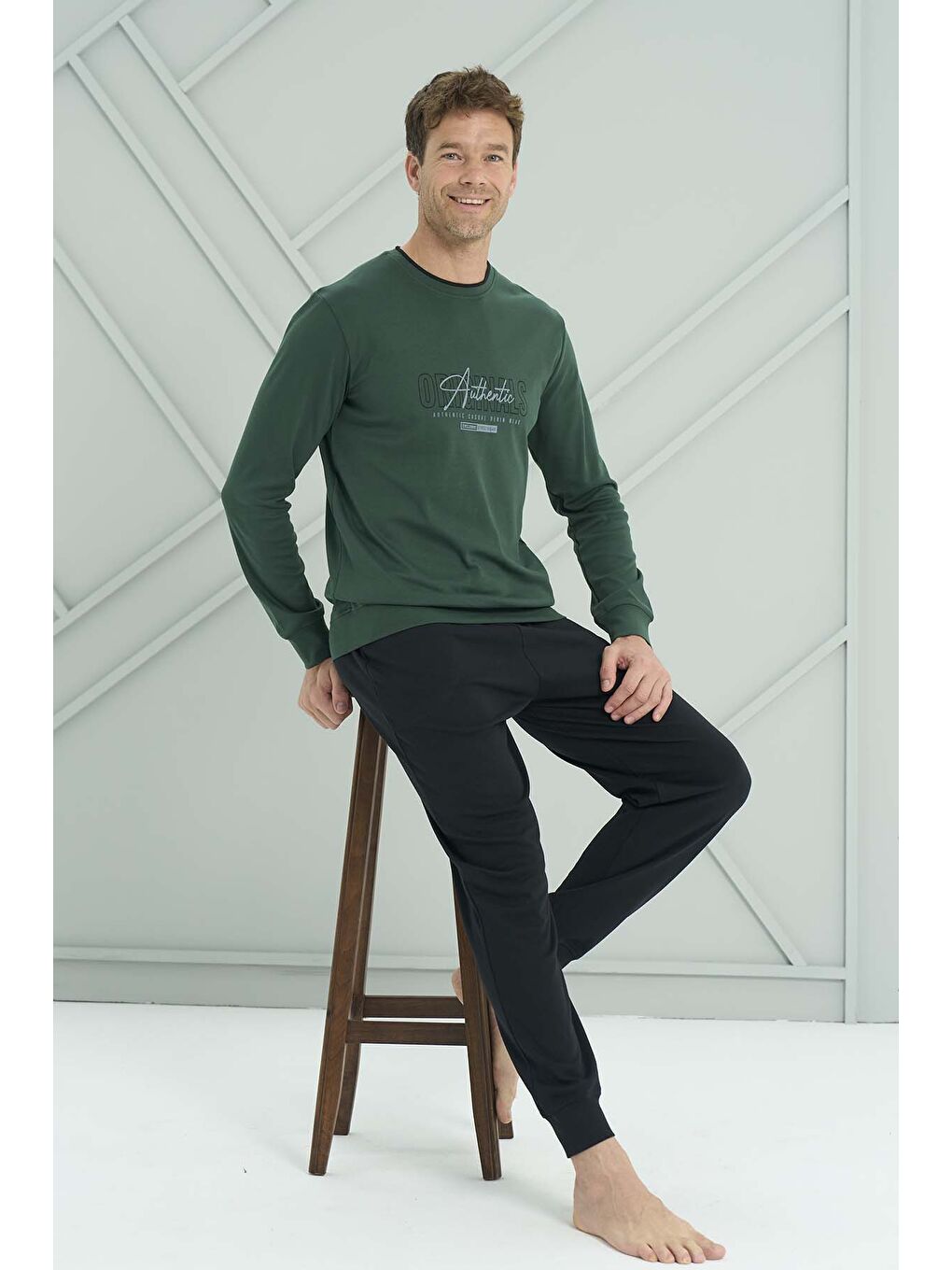 Erkek Penye Uzun Kol Pijama Takımı 2224 Koyu Yeşil-1