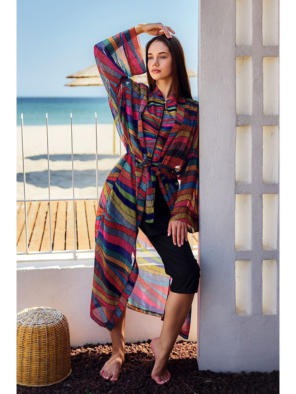 Remsa Tesettür Mayo Üzerine Tek Kaftan Kimono Pareo Siyah03 RP022 Puket-2