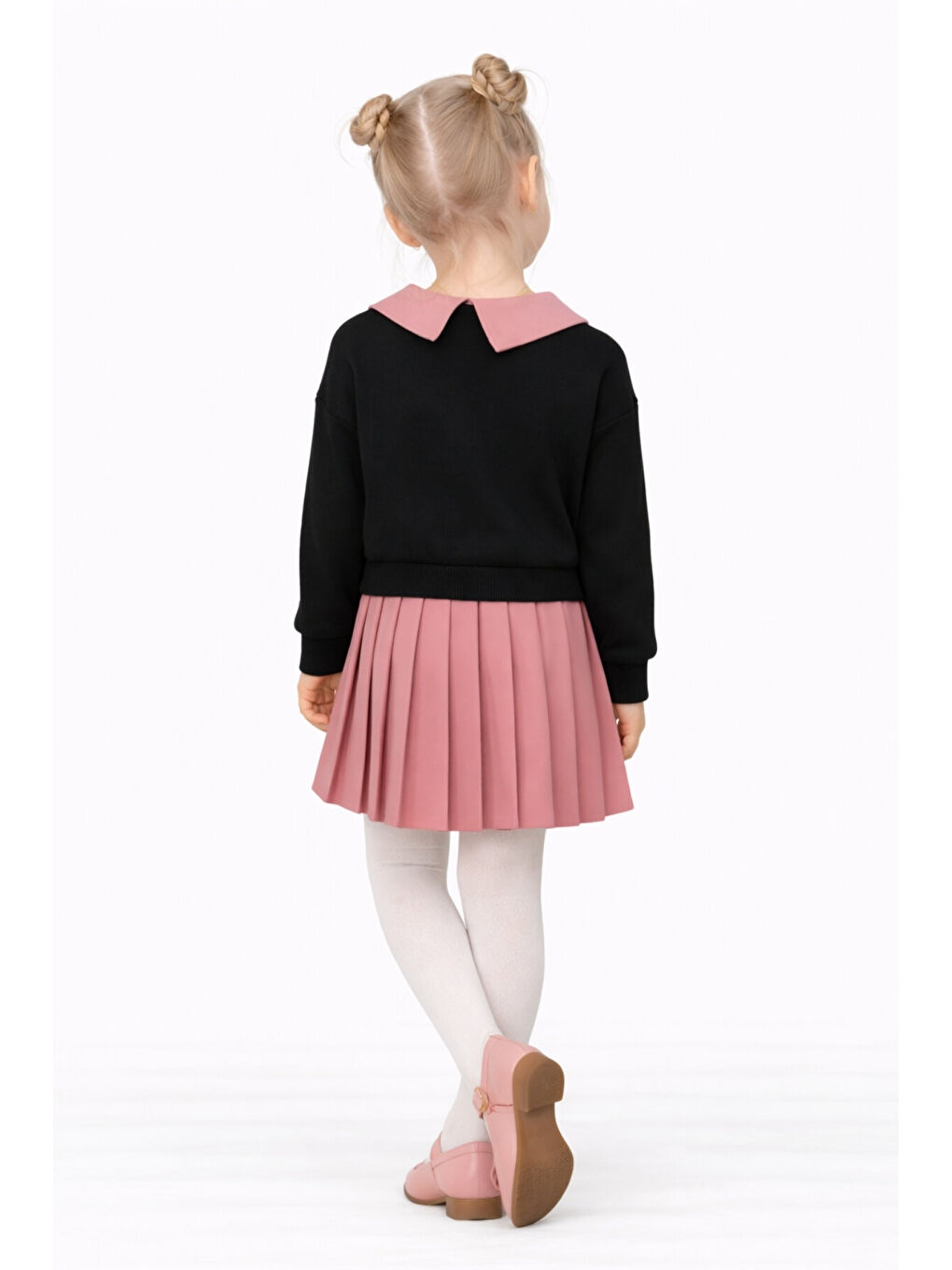 Pembe Kız Çocuk Yakalı Fiyonklu Sweatshirt Piliseli Etek 2’li Takım Ak14513-3