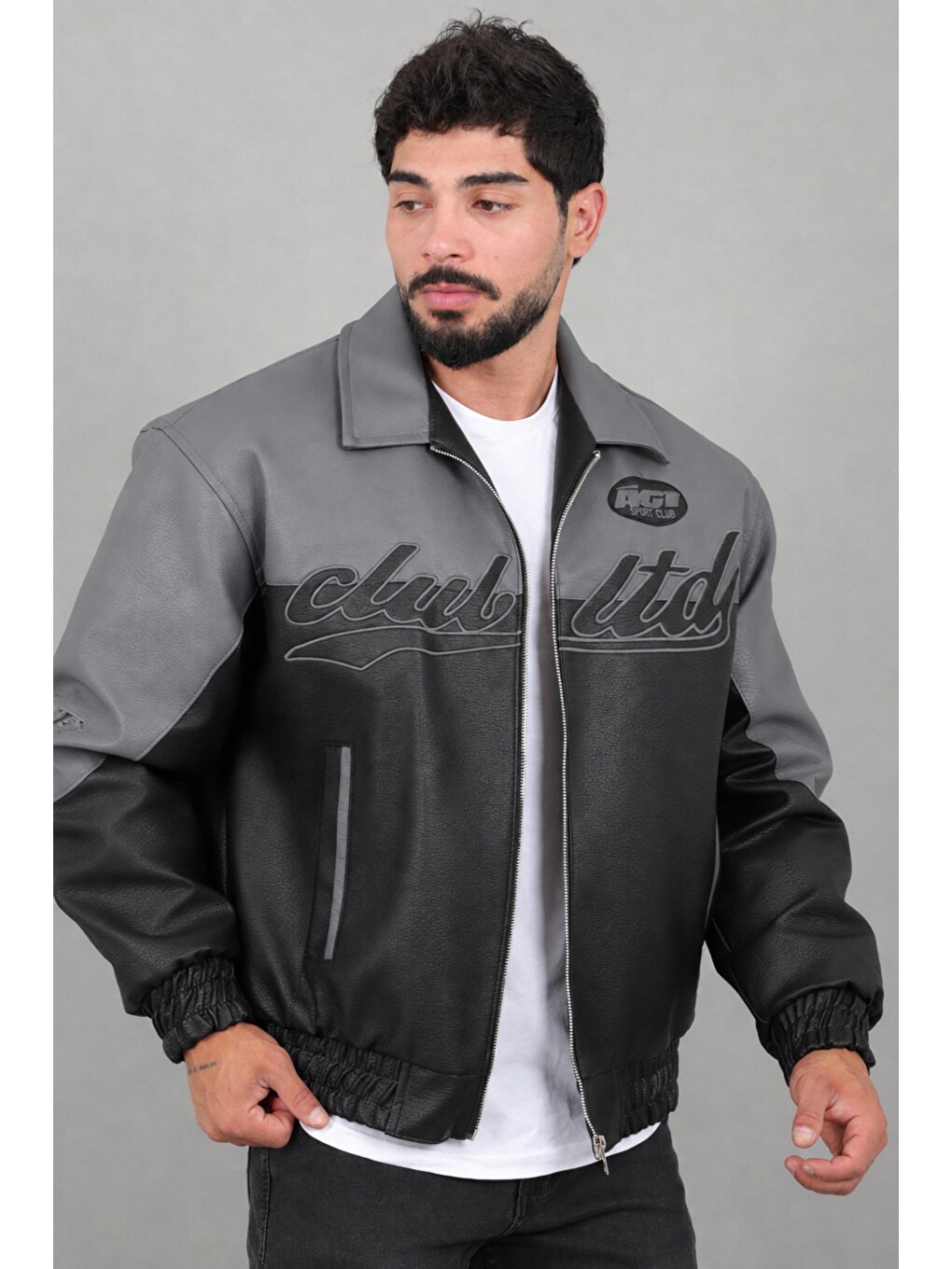 Gri Baskılı Çift Renk Oversize Suni Deri Mont Kmd 882_50531-1