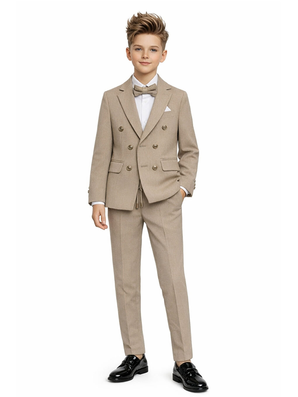 Bej Erkek Çocuk Düğün & Davet Kruvaze Çizgili Papyonlu Takım Elbise Ak5695-1