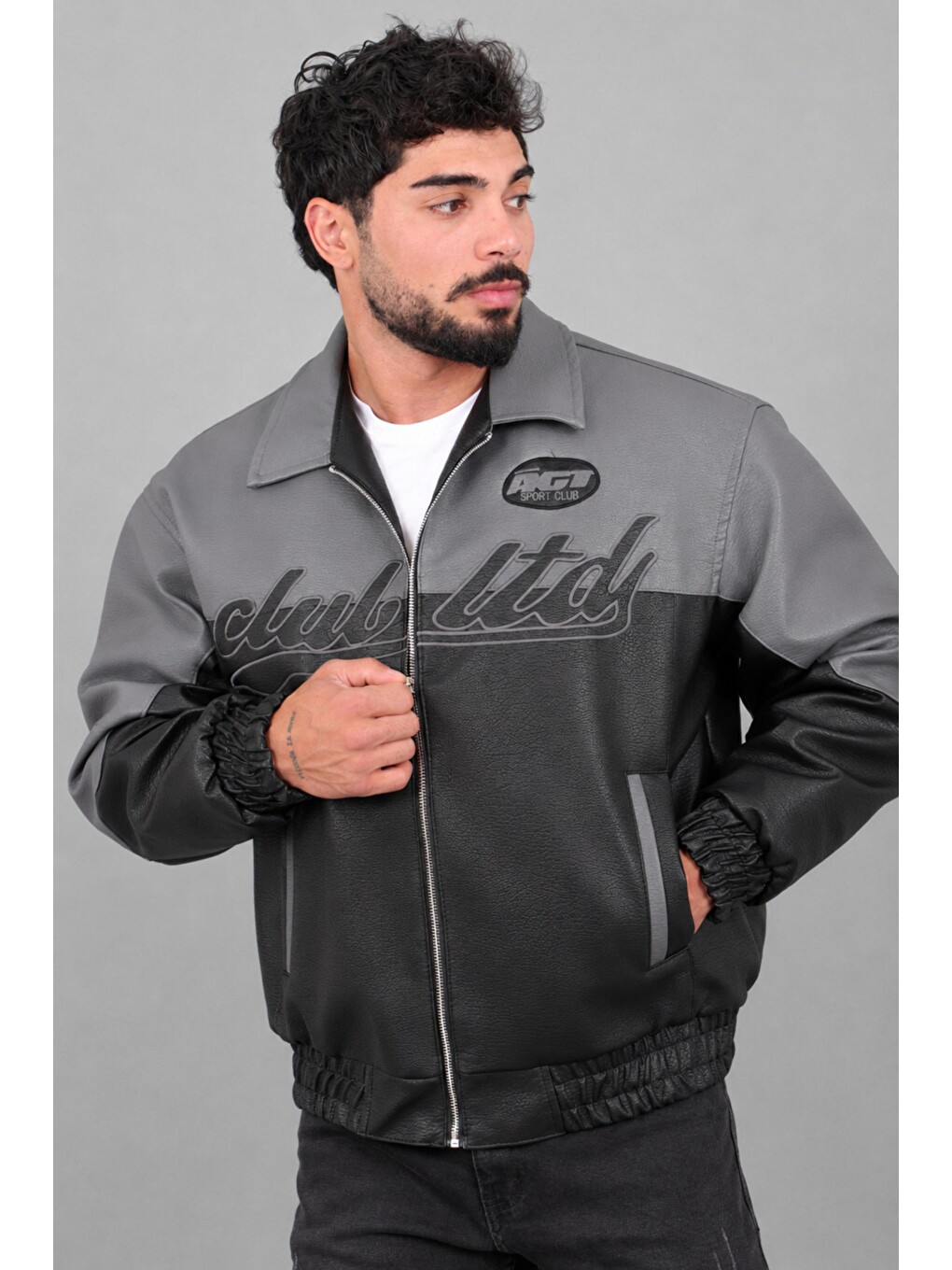 Gri Baskılı Çift Renk Oversize Suni Deri Mont Kmd 882_50531-2