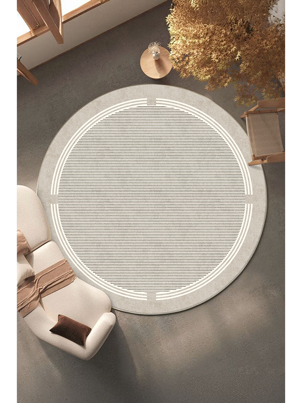 Bej Dekoratif Salon Halısı, Makinada Yıkanabilir, Kaymaz Taban, İnce & Modern Tasarım-1