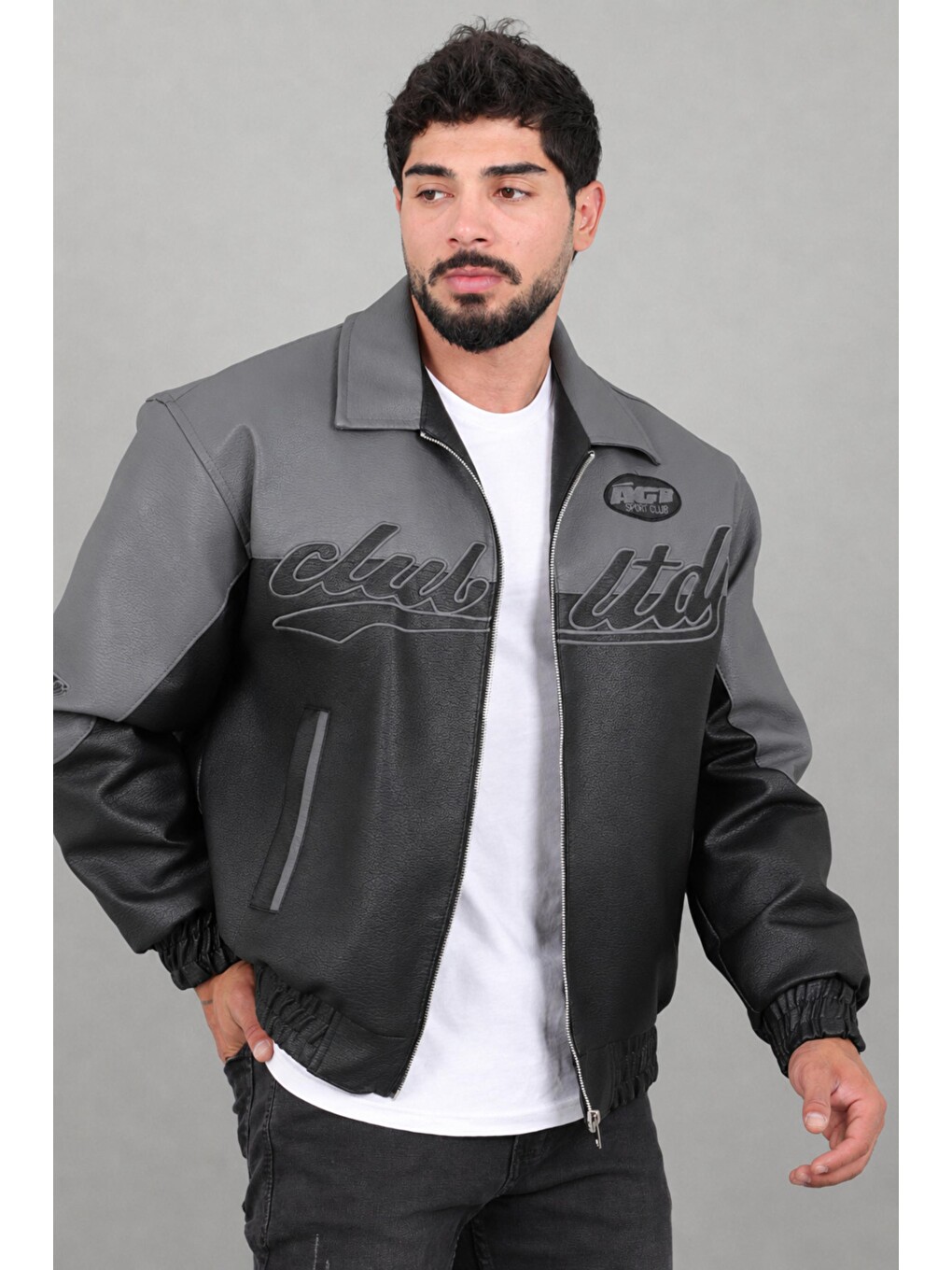 Gri Baskılı Çift Renk Oversize Suni Deri Mont Kmd 882_50531-3