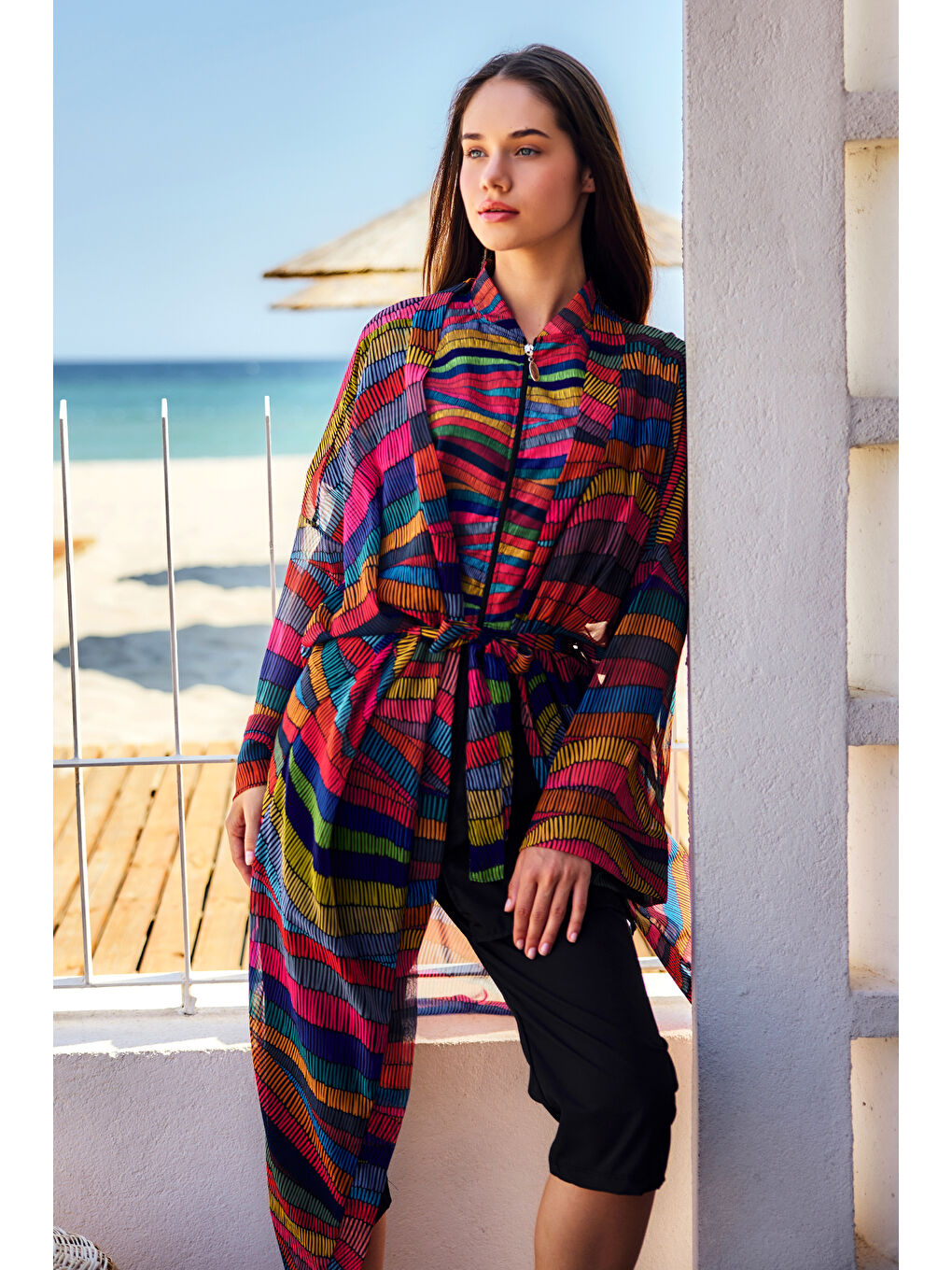 Remsa Tesettür Mayo Üzerine Tek Kaftan Kimono Pareo Siyah03 RP022 Puket-4