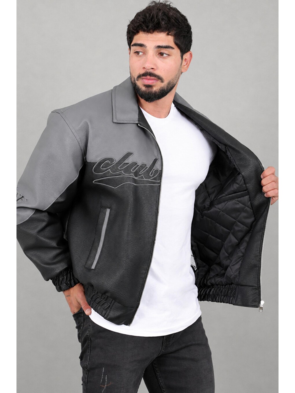 Gri Baskılı Çift Renk Oversize Suni Deri Mont Kmd 882_50531-4