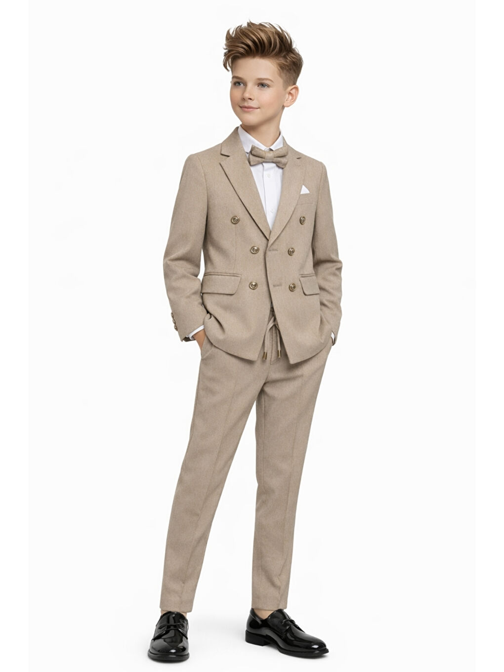 Bej Erkek Çocuk Düğün & Davet Kruvaze Çizgili Papyonlu Takım Elbise Ak5695-2