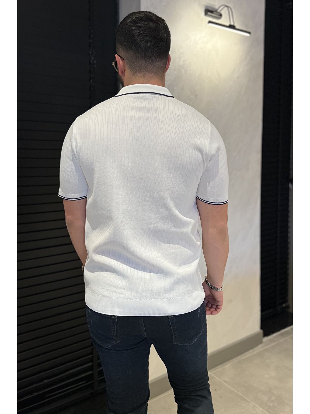 Beyaz Erkek Polo Yaka Yarım Düğmeli Triko Tişört-2