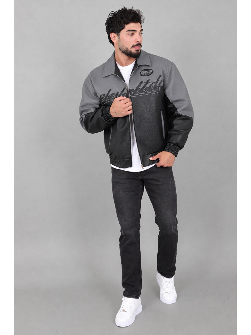 Gri Baskılı Çift Renk Oversize Suni Deri Mont Kmd 882_50531-5