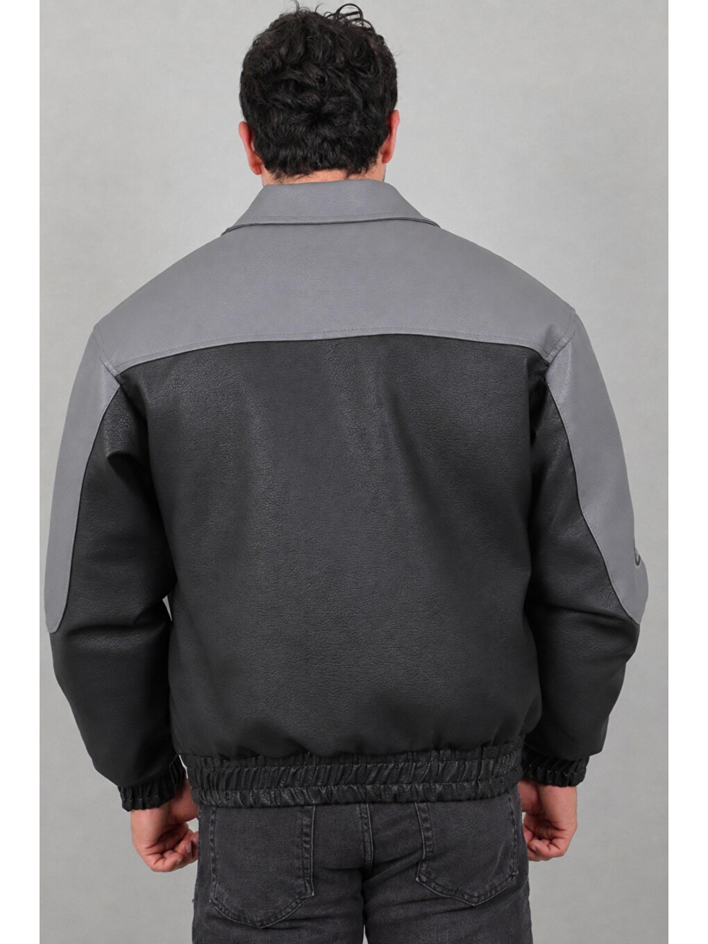 Gri Baskılı Çift Renk Oversize Suni Deri Mont Kmd 882_50531-6