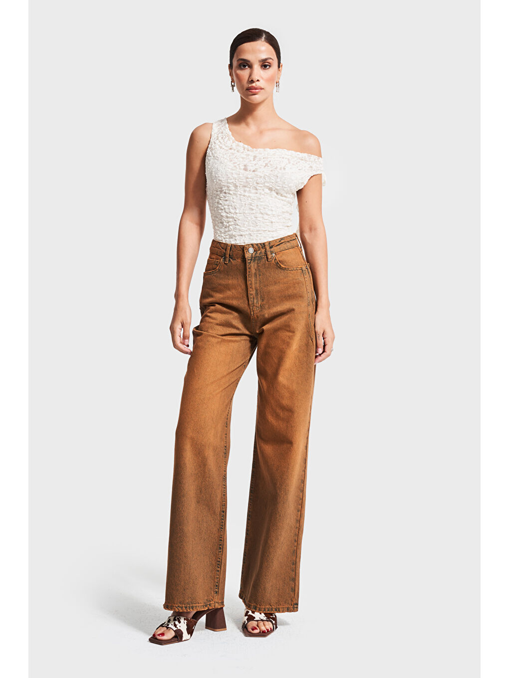 Kadın Kahverengi Olea 2w5-135 Wide Leg Fit %100 Pamuk İç Boy 80cm Denim Jean-3