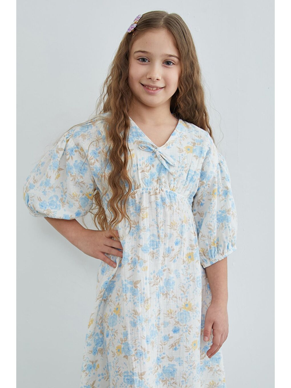 Mavi %100 Pamuk Çiçek Desenli Kız Çocuk Elbise-1