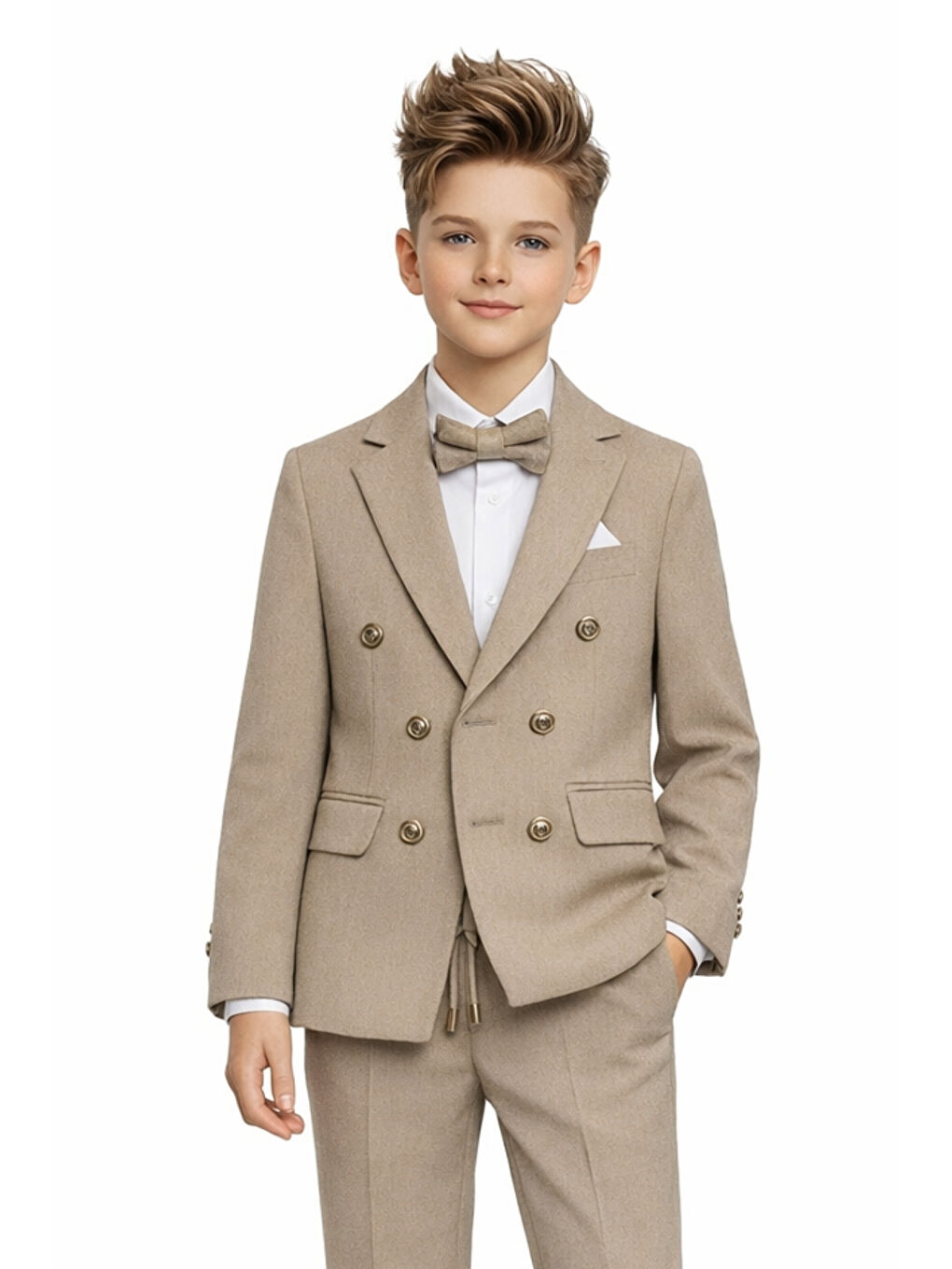 Bej Erkek Çocuk Düğün & Davet Kruvaze Çizgili Papyonlu Takım Elbise Ak5695-3