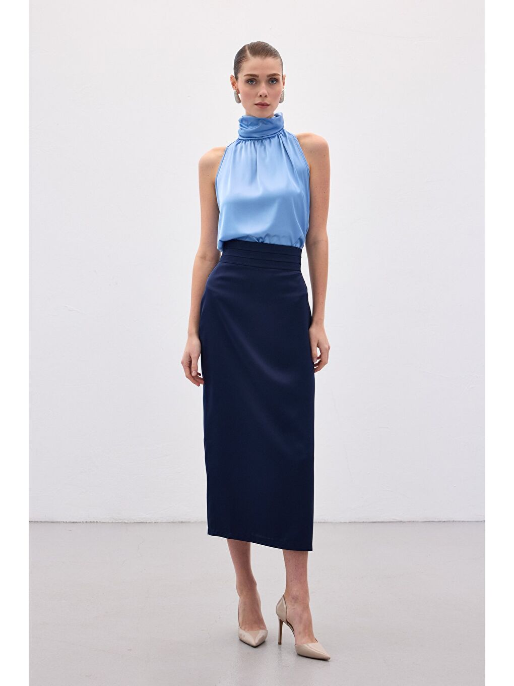 Bel Pile Detaylı Saten Etek - Lacivert