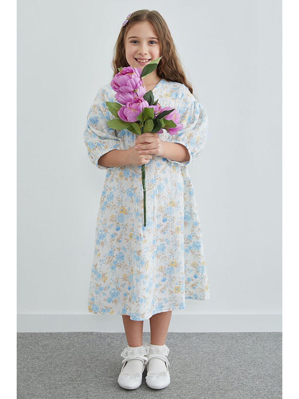 Mavi %100 Pamuk Çiçek Desenli Kız Çocuk Elbise-2