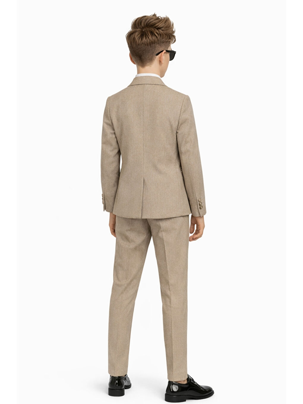 Bej Erkek Çocuk Düğün & Davet Kruvaze Çizgili Papyonlu Takım Elbise Ak5695-4