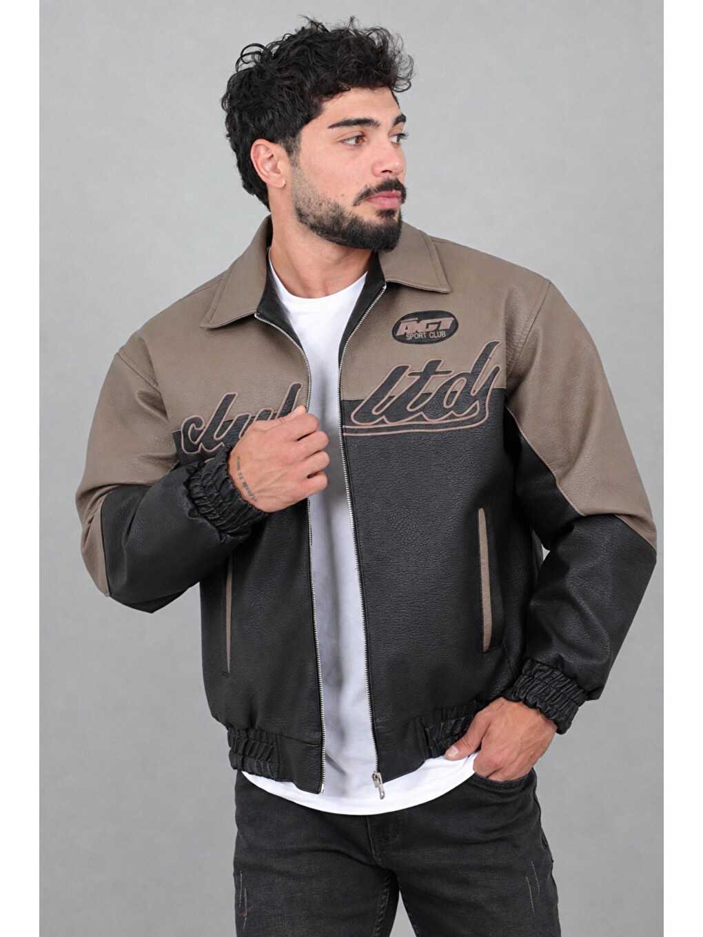 Kahverengi Baskılı Çift Renk Oversize Suni Deri Mont Kmd 882_50531