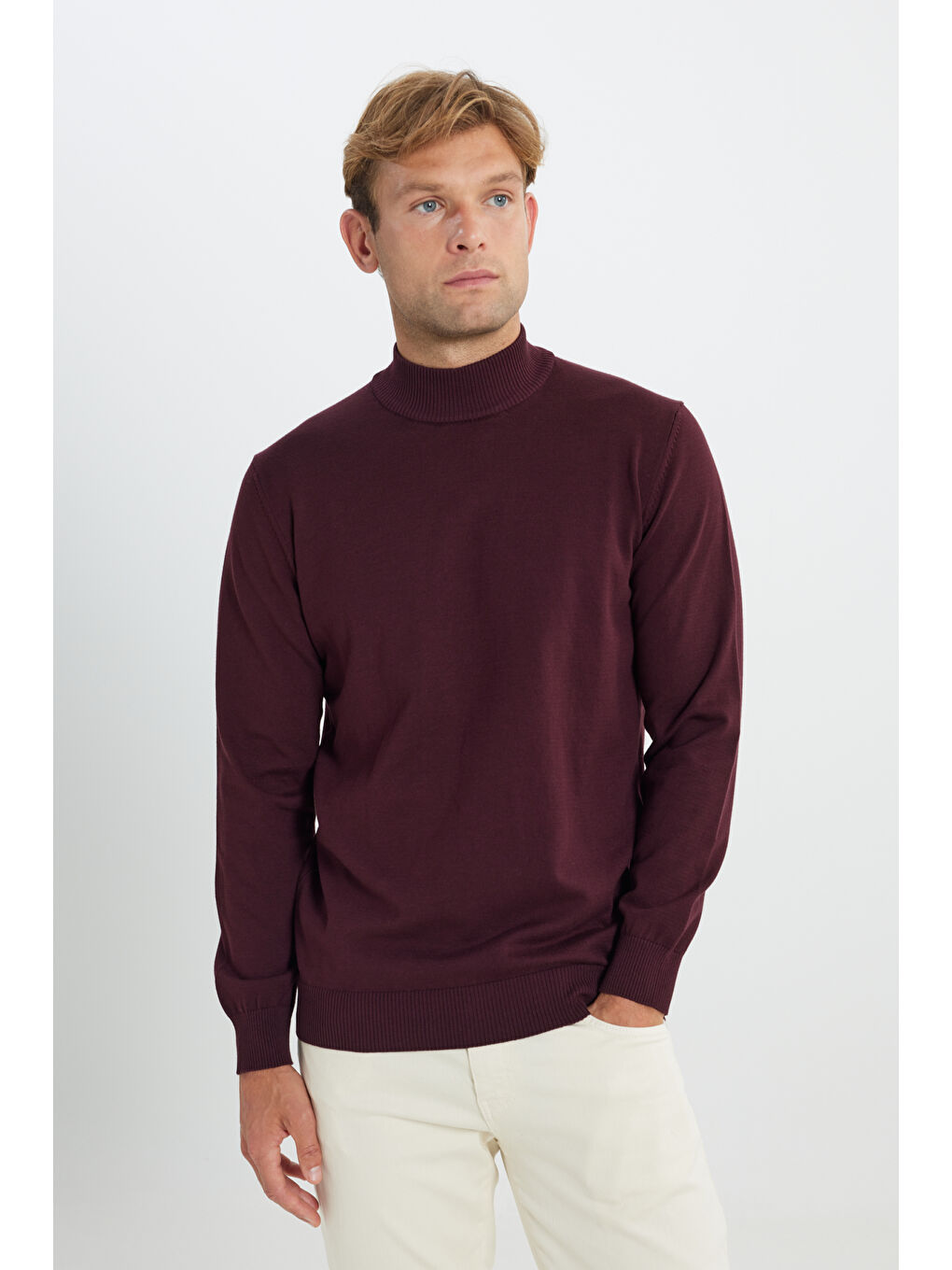 Erkek Bordo Pamuklu Standart Fit Normal Kesim Yarım Balıkçı Yaka Triko Kazak