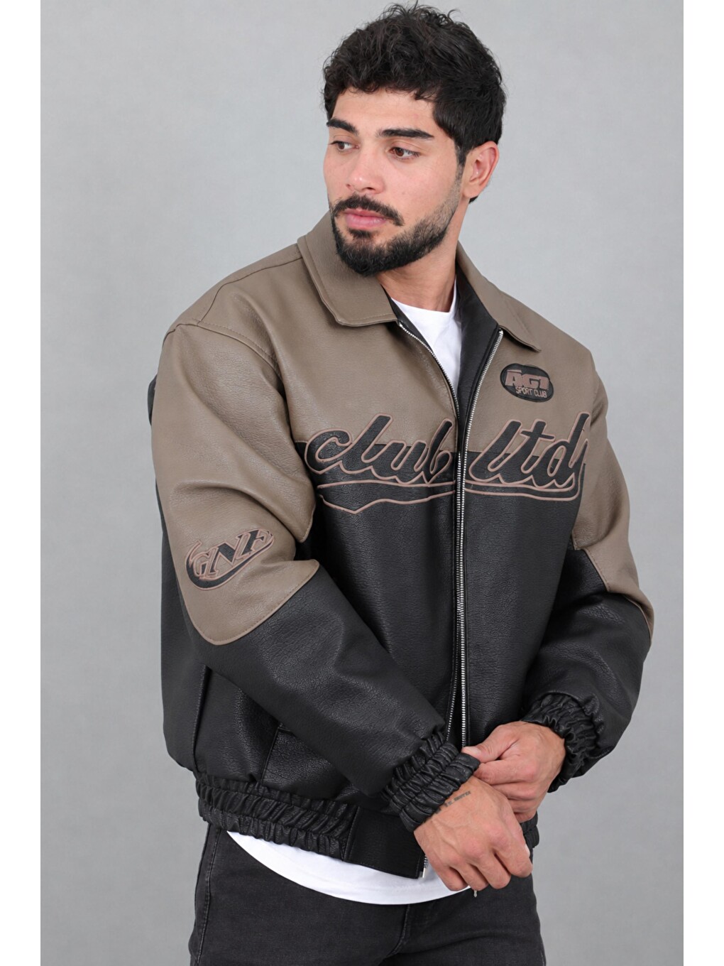 Kahverengi Baskılı Çift Renk Oversize Suni Deri Mont Kmd 882_50531-1