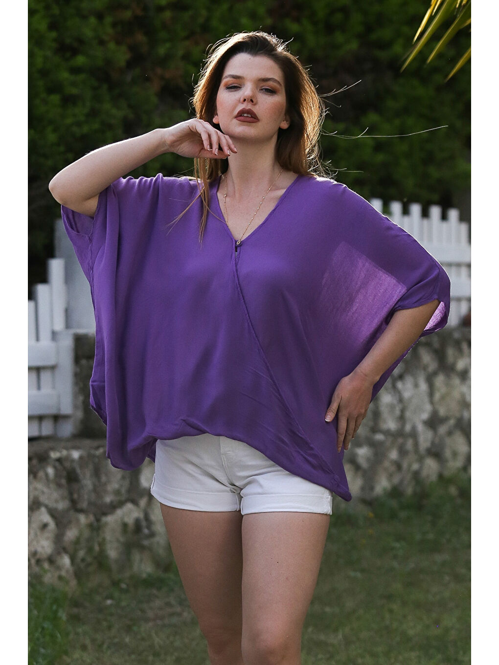 Mor Kruvaze Yaka Yarasa Kol Düğmeli İnce Casual Oversize Dokuma Bluz 75 85