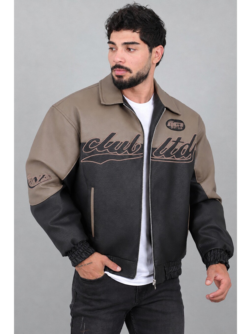 Kahverengi Baskılı Çift Renk Oversize Suni Deri Mont Kmd 882_50531-2