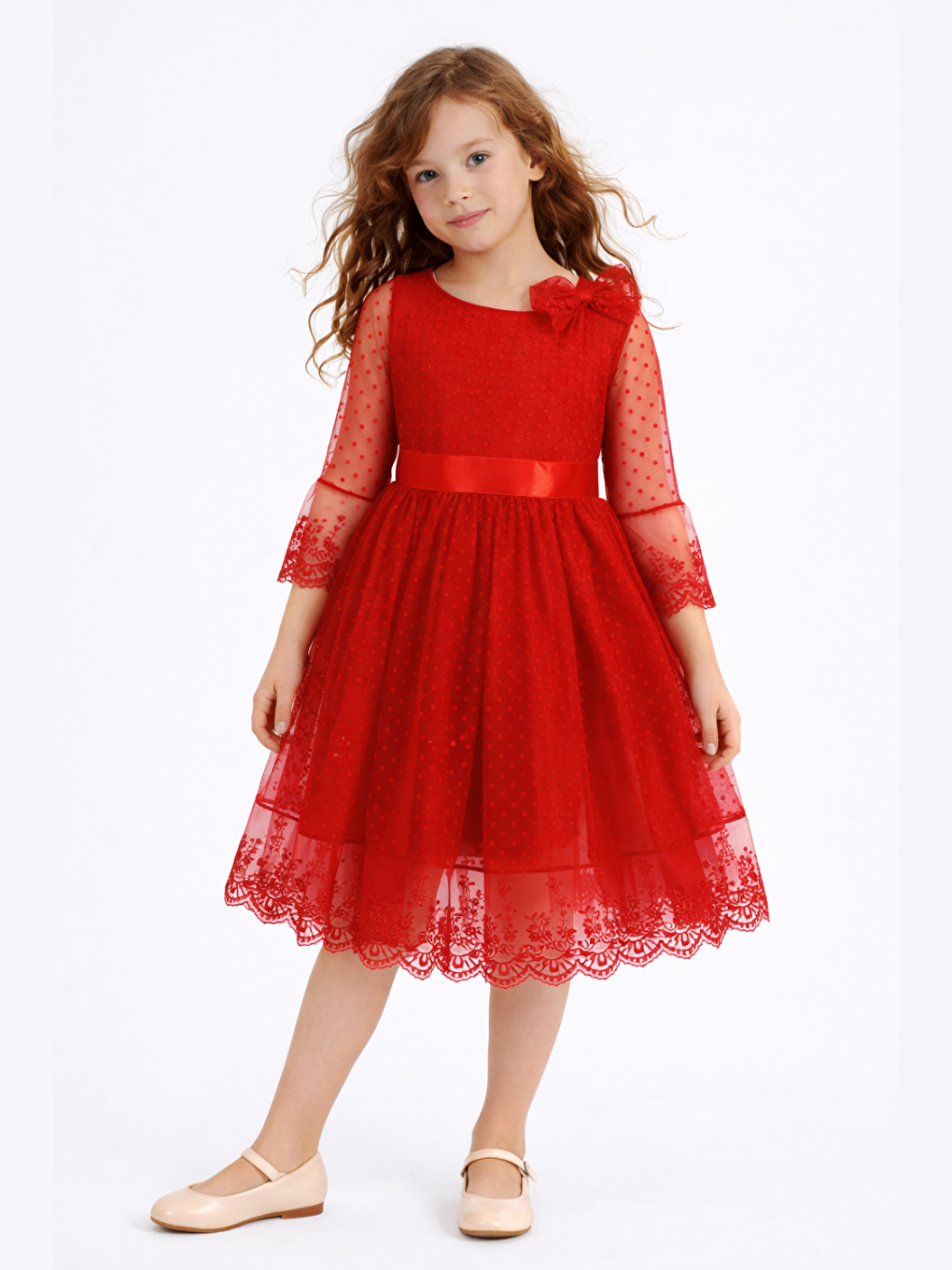 Kırmızı Dantelli Tütülü Bayramlık & Parti Elbise