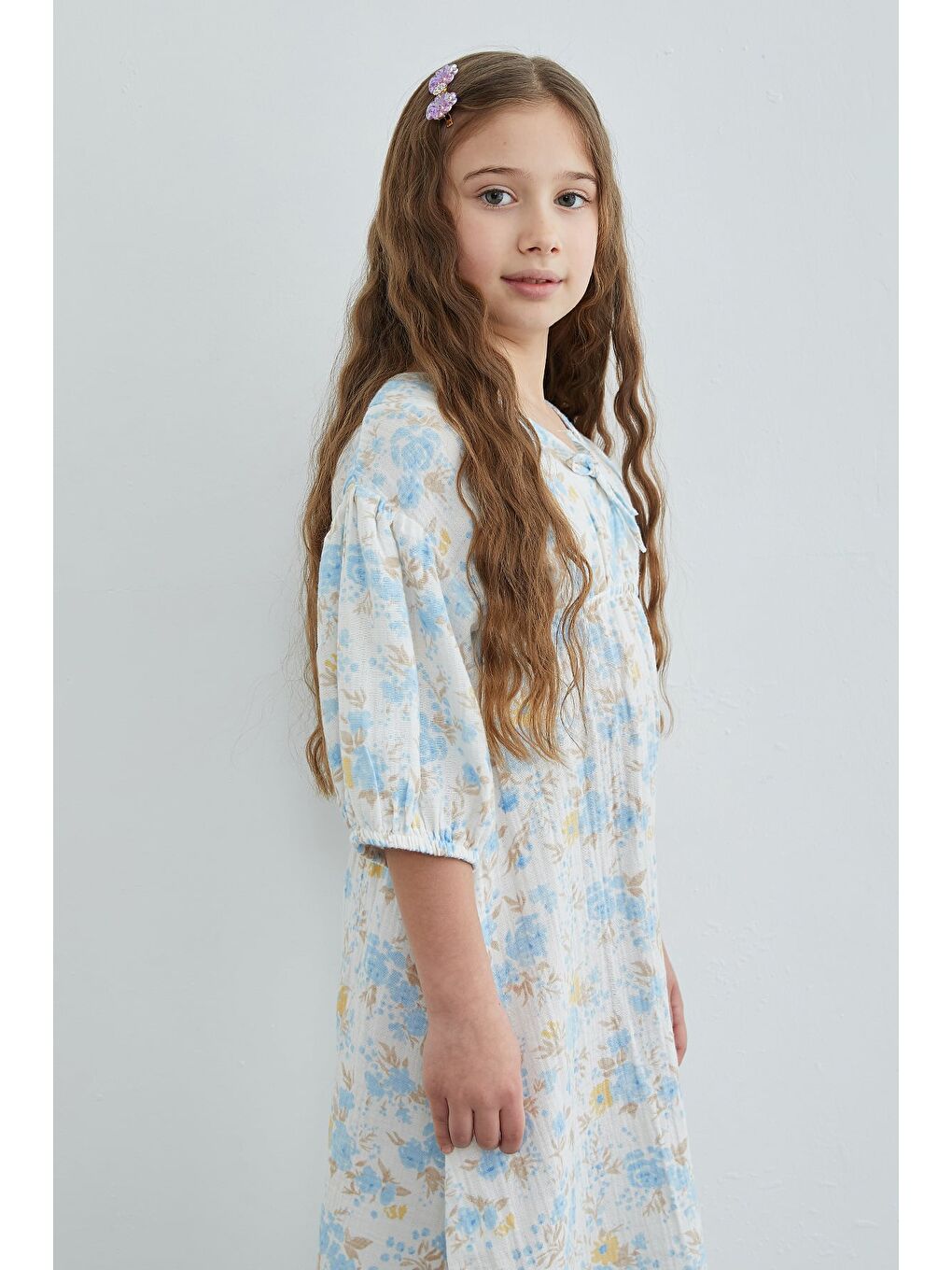 Mavi %100 Pamuk Çiçek Desenli Kız Çocuk Elbise-3