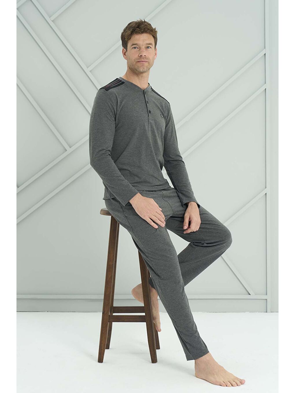 Siyah Erkek Penye Uzun Kol Pijama Takımı 2215 Antrasit01-1