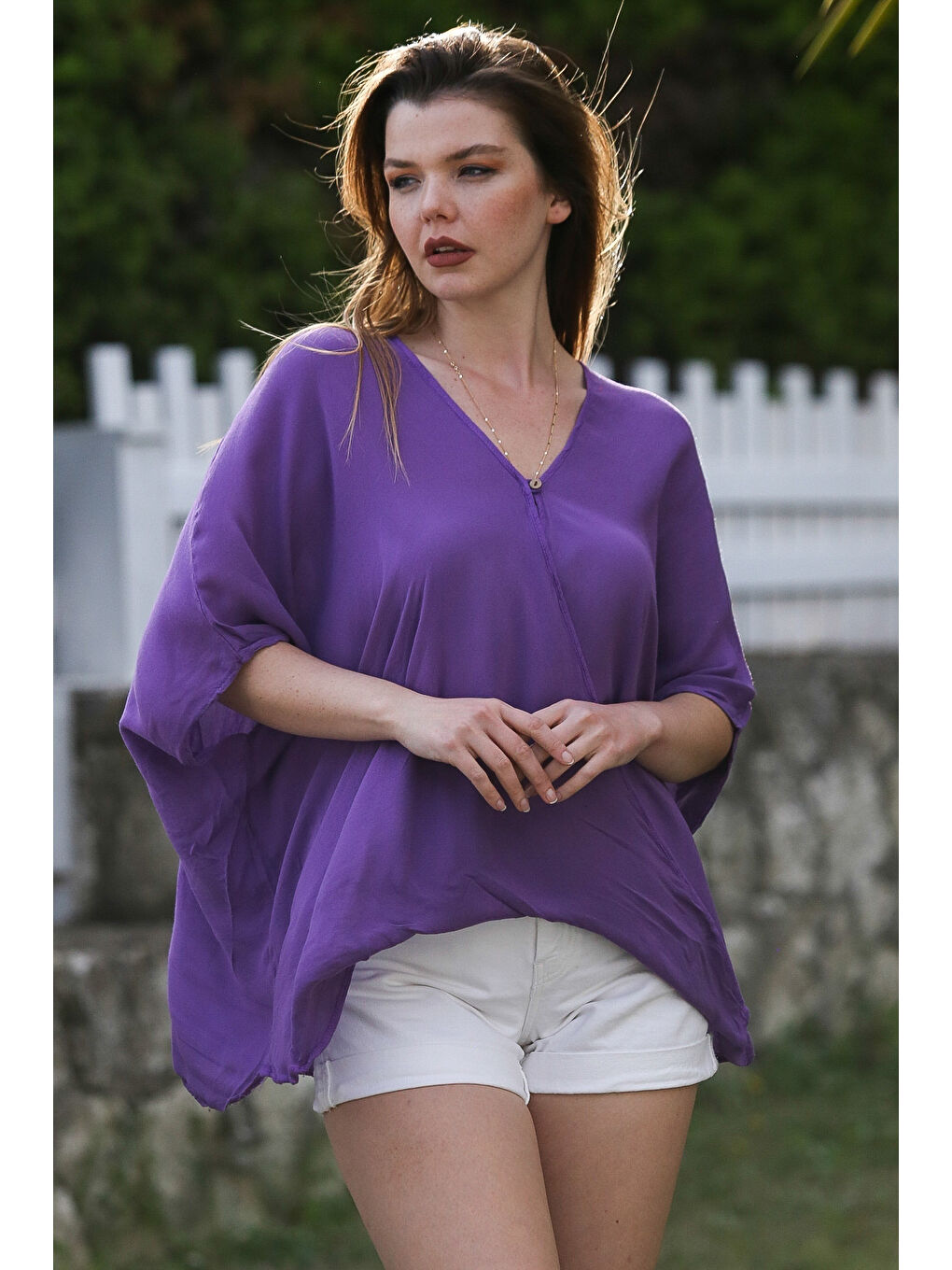 Mor Kruvaze Yaka Yarasa Kol Düğmeli İnce Casual Oversize Dokuma Bluz 75 85-3