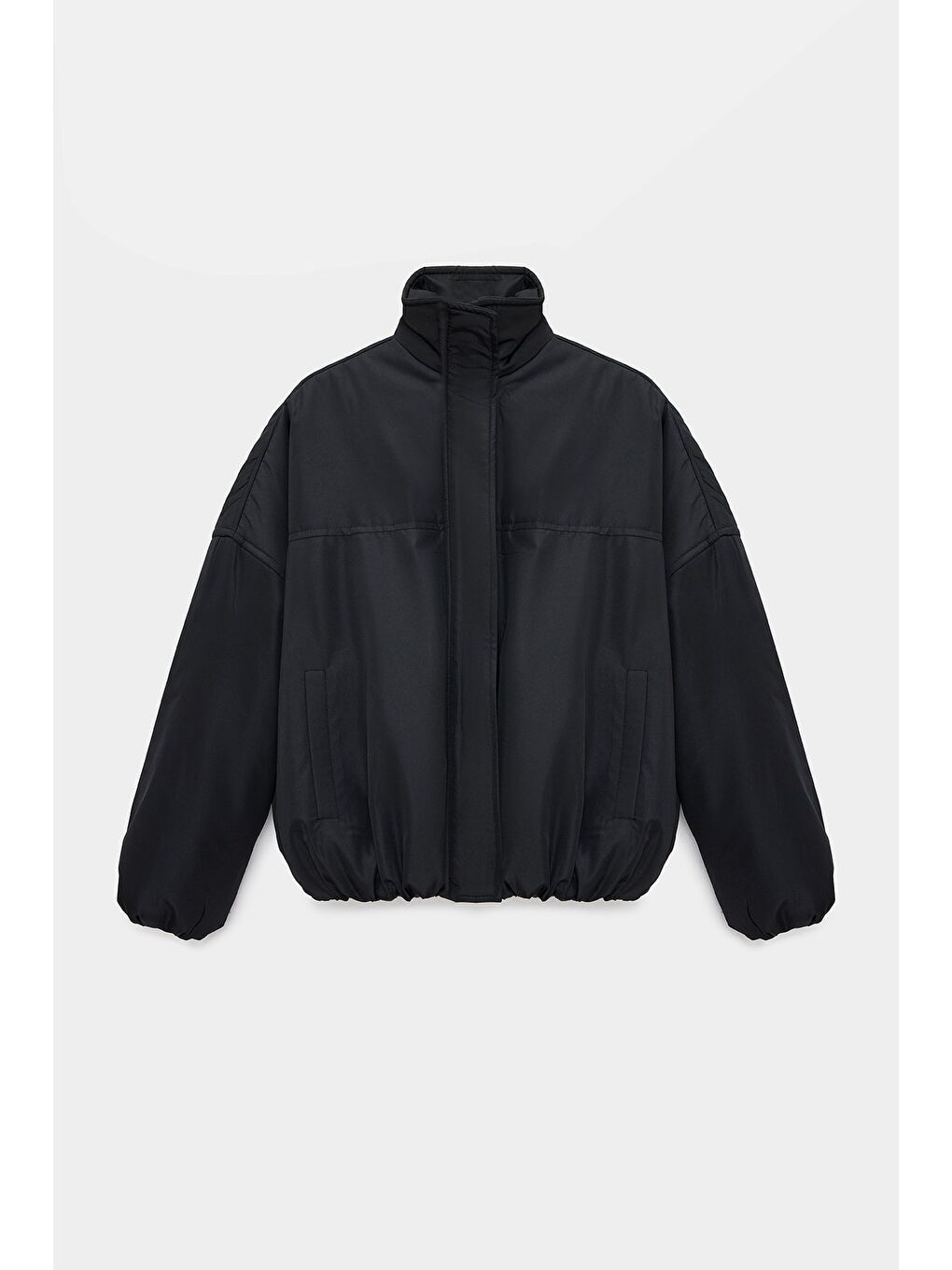 Siyah Kadın Oversize Dik Yaka Fermuarlı Puffer Mont