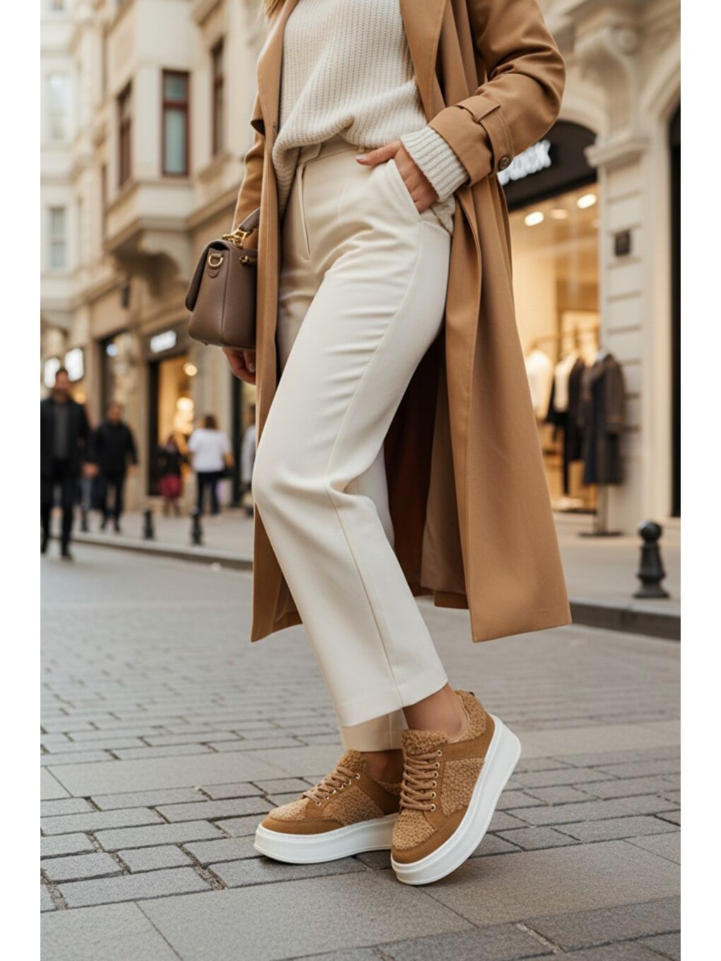 Kahverengi FLEECY Kalın Taban Bağcıklı Pelüş Detaylı Kadın Kışlık Sneaker Spor Ayakkabı-3